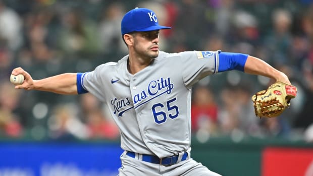 Sep 21, 2021; Cleveland, Ohio, USA; Kansas City Royals relief pitcher Dylan Coleman (65) throws a pitch during the seventh inning against the Cleveland Indians at Progressive Field. Mandatory Credit: Ken Blaze-USA TODAY Sports